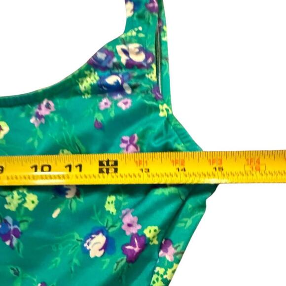 Sirena 80s Floral Skirted Swimsuit – Green & Purple Retro Swim Dress, Size 10 - Picture 3 of 6